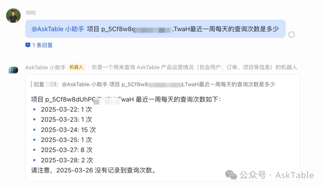 在飞书群中查询项目最近一周每天的查询次数示例